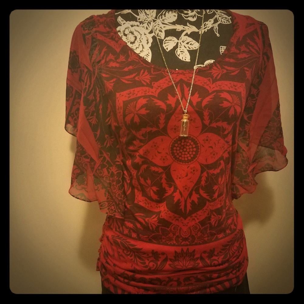 Red mandala sheer sleeve blouse